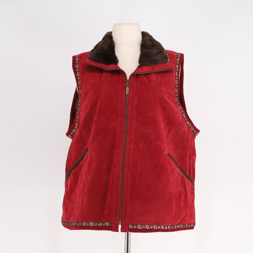 NWT KOOS Of Course Vintage Women's Suede Leather Vest Fur Collar Dark Red 1X